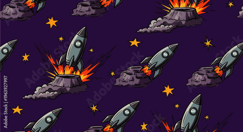 dynamic cartoon rocket launches from exploding volcanoes in a vibrant seamless space pattern perfect for futuristic sci-fi adventure designs.