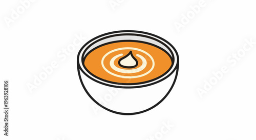 A simple flat illustration of a bowl of orange soup with a swirl of cream