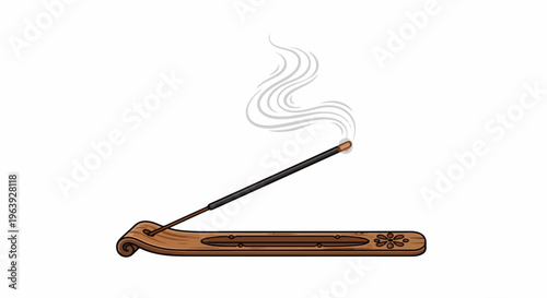 A single lit incense stick rests in a wooden holder, emitting wisps of smoke