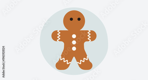 A simple, flat illustration of a gingerbread man in a light blue circle