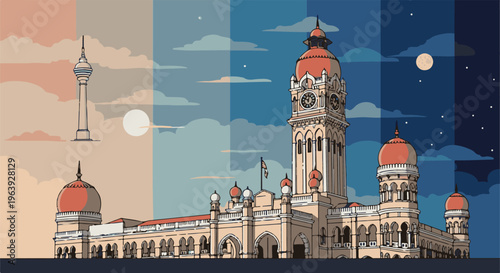 A pixel art depiction of a historical building and a modern tower, spanning day to night