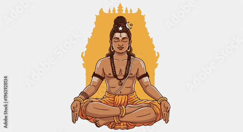 A pixel art depiction of a male figure in meditative pose against a yellow background