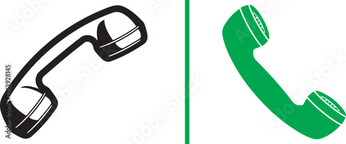 Vintage telephone handset vector illustrations in black outline and solid emerald green. Retro landline phone receiver icons for contact, support, and classic communication design projects.