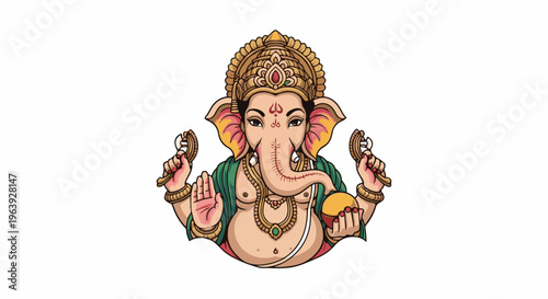 A pixel art depiction of the Hindu deity Ganesha, adorned with golden jewelry and holding a modak