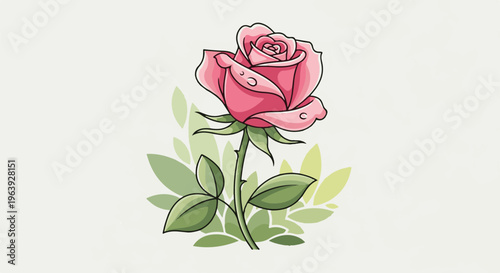 A single pink rose with dew drops and green leaves