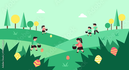 families and children enjoy a modern flat design easter egg hunt outdoors in a cheerful spring landscape.