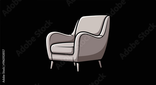 A single, plush armchair with curved arms and a dark background