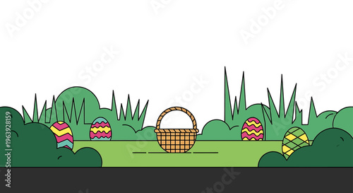 modern flat design easter egg hunt featuring colorful eggs and a picnic basket nestled in green grass for a spring holiday.