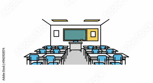 A simple, flat illustration of an empty classroom with rows of desks and chairs