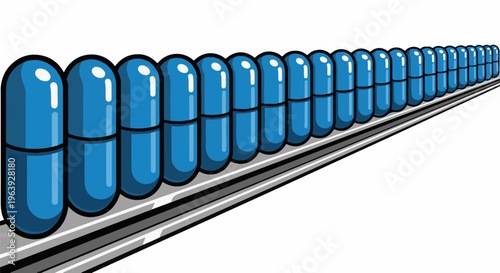 A row of blue capsules on a conveyor belt, perspective view