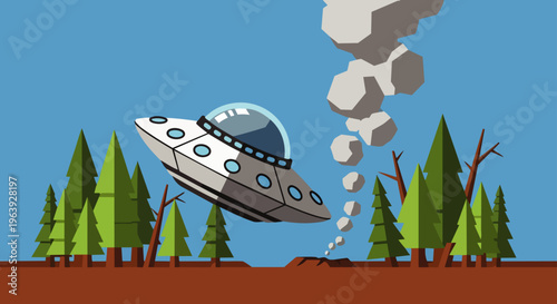 ufo crash landing in a cartoon forest depicting an alien spaceship accident with smoke perfect for sci-fi concepts.