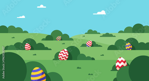flat design easter egg hunt featuring colorful patterned eggs hidden in a vibrant green spring landscape under a blue sky.