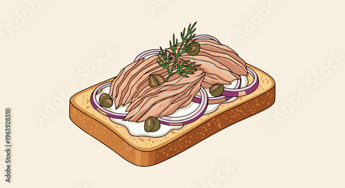 A single slice of toasted bread topped with creamy spread, tuna, onions, and capers