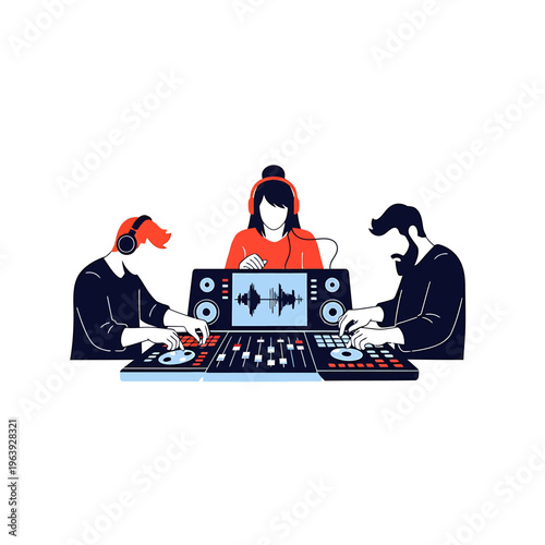 three people collaboratively working on music production at an audio mixer djing and sound engineering in a modern recording studio