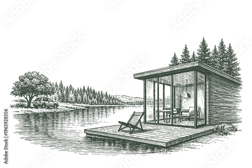 Modern minimalist glass cabin on a wooden deck by the lake shore, hand drawn engraving style vector illustration for outdoor architecture and nature retreat.