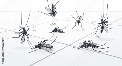 A sketchy group of mosquitoes in various poses and interactions on a tiled surface