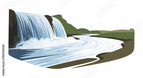 A scenic, stylized illustration of a powerful waterfall cascading into a flowing river