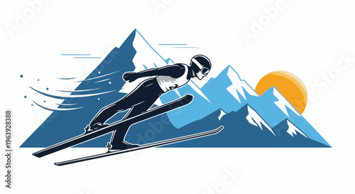 A ski jumper soars through snowy mountains under a bright sun