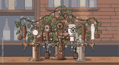 A row of ornate beer taps adorned with hops, lights, and ornaments on a wooden bar