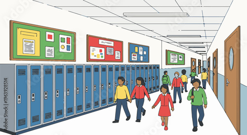 A school hallway with lockers and students walking past bulletin boards