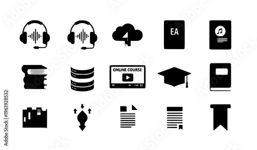Digital library and e learning flat icon set with audiobook ebook cloud storage and online education symbols vector isolated on white