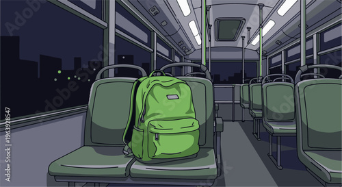 A solitary green backpack rests on an empty bus seat at night