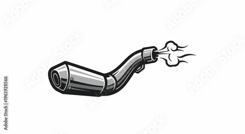 A stylized, black and white drawing of a motorcycle exhaust pipe emitting smoke