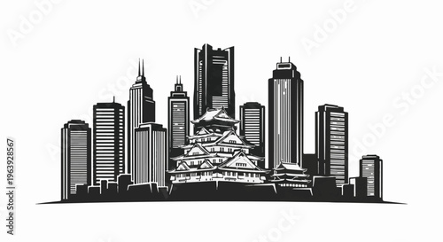 A stylized black and white cityscape with a traditional castle centerpiece