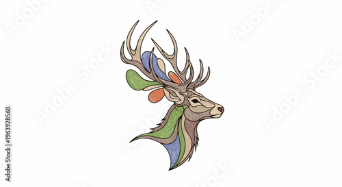 A stylized deer head with elaborate antlers and colorful, flowing ornamentation