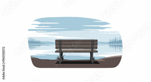 A solitary park bench rests by a serene, misty lake with a distant tree line