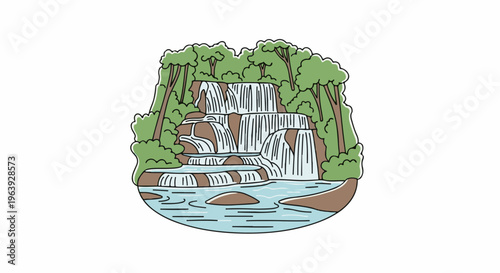 A stylized depiction of a multi-tiered waterfall cascading through trees into a pool