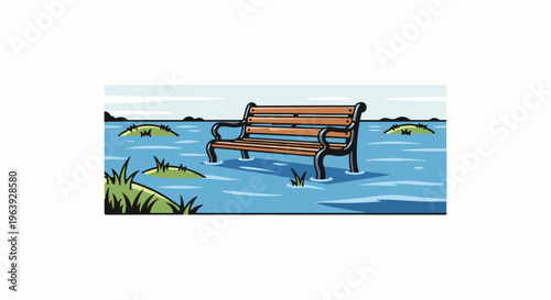 A solitary park bench sits submerged in tranquil blue water