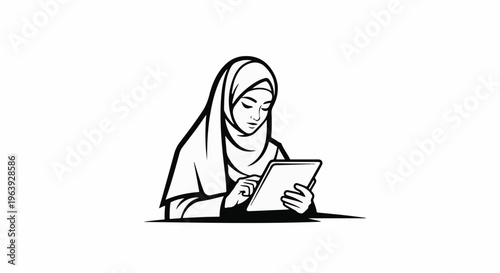 A stylized black and white illustration of a person in a hijab using a tablet