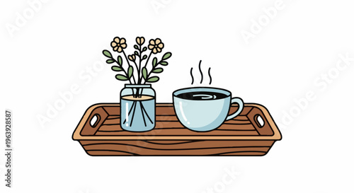 A simple illustration of a wooden tray holding a vase with flowers and a hot cup of coffee