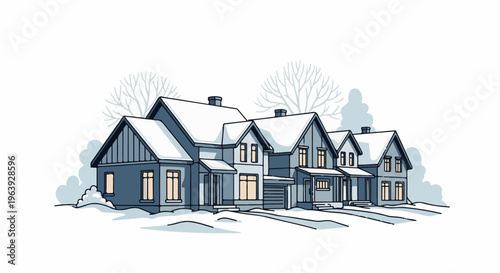 A row of snow-covered houses with warm lights glowing from windows