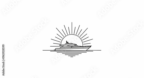 A sleek motor yacht cruises on calm waters under a bright, stylized sun