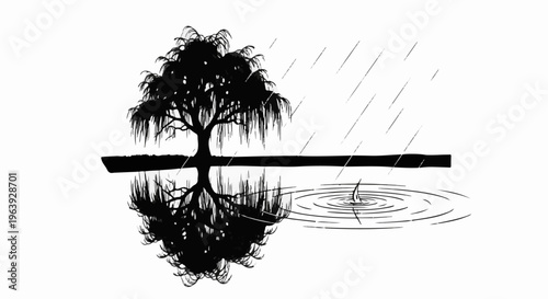 A solitary weeping willow reflected in water during rainfall