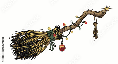A rustic broomstick adorned with holiday lights, ornaments, and snow