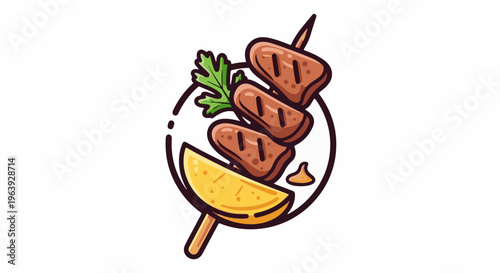 A simple illustration of grilled meat skewers with lemon and garnish