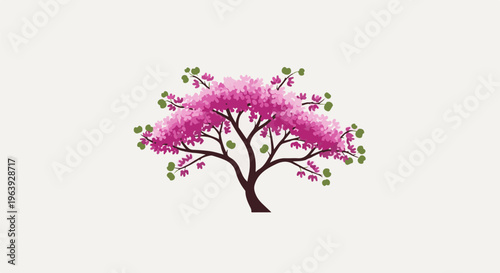A stylized blooming tree with pink blossoms and green leaves