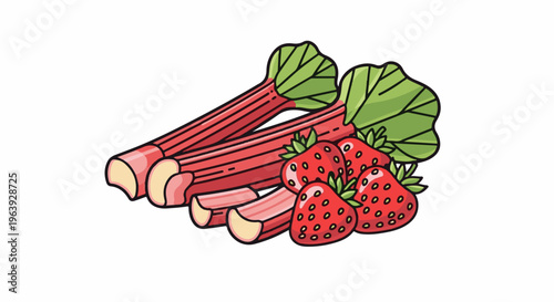 A simple illustration of red rhubarb stalks with green leaves and strawberries