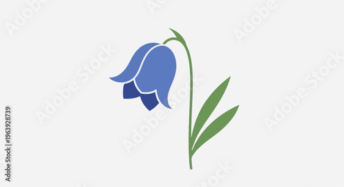 A stylized blue bell flower with green leaves on a light gray background
