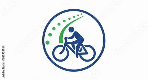 A stylized blue cyclist on a bicycle within a blue circle, with green dots and a green arc