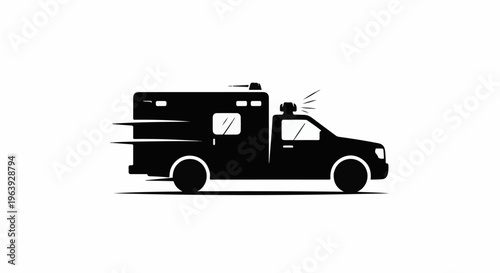A speeding ambulance with flashing lights, depicted in a simple black silhouette
