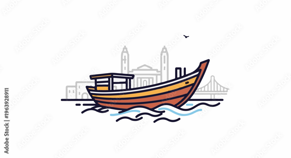 Naklejka premium A stylized boat floats on stylized water with city landmarks in background