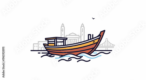 A stylized boat floats on stylized water with city landmarks in background