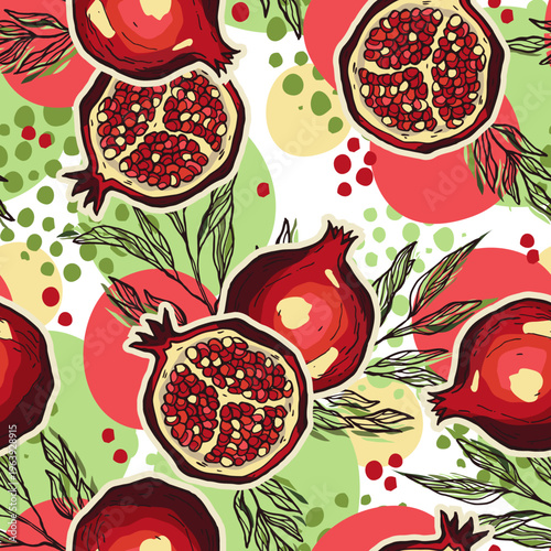 Vector garnet sketch pattern. Decorative fruits seamless pattern on light background.