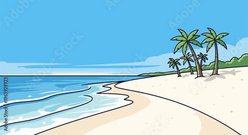 A stylized tropical beach scene with palm trees and gentle ocean waves