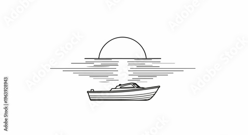 A simple line drawing of a boat on the water with a setting sun