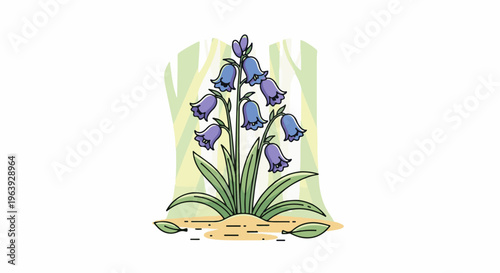 A stylized drawing of bluebell flowers in a woodland setting
